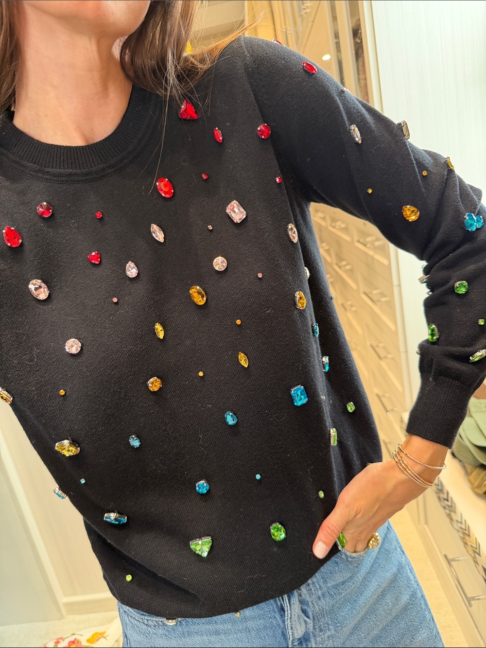 Minnie Rose Black Crewneck Sweater with Multicolor Jewel Embellishments - Picture 1 of 3